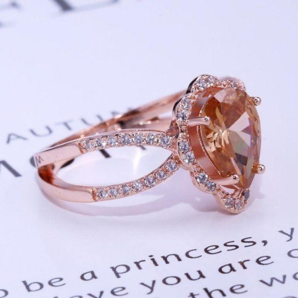 NEW 18K Rose Gold Morganite Diamond Teardrop Ring - Picture 2 of 6